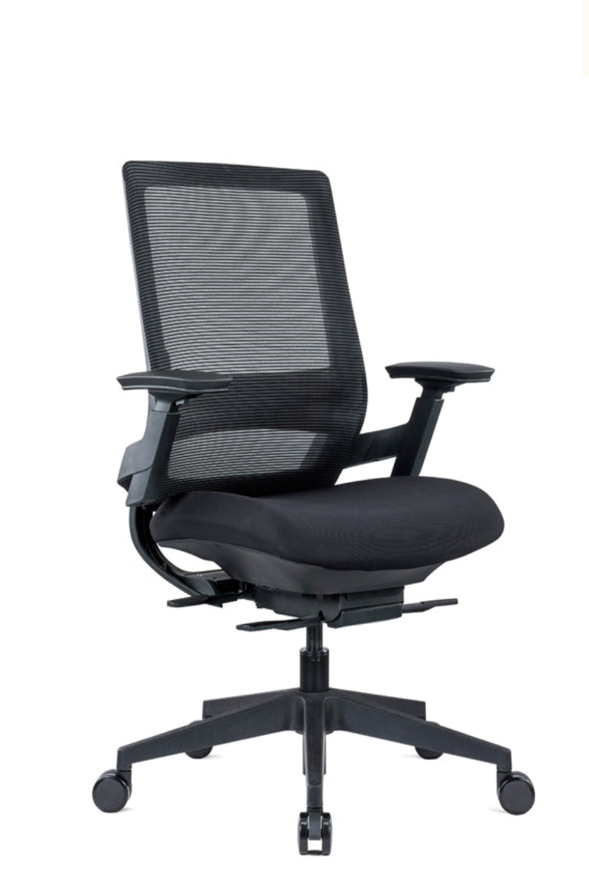 An ergonomic mesh task armchair with height adjustment, featuring a black mesh back, black PU 3D arms, and a black seat pad, on a black five-star base with a gas lift mechanism.