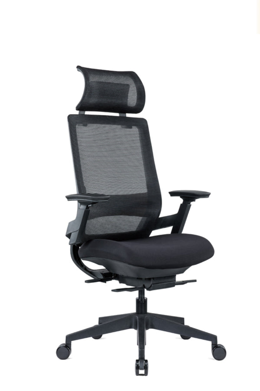 An ergonomic black mesh task armchair with a headrest and adjustable arms, featuring a gas lift mechanism and five-wheel base.