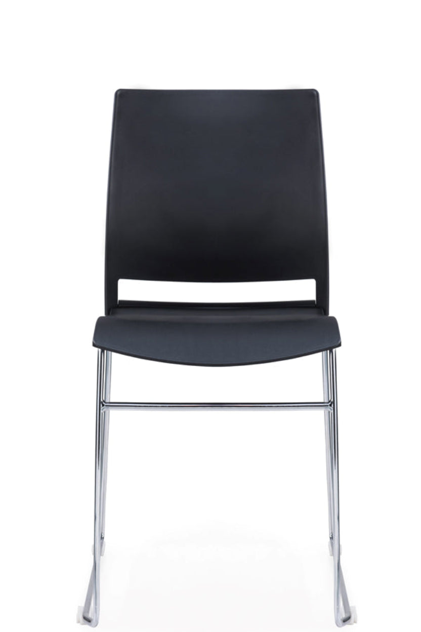 A black multipurpose stacking chair with a 'crosshatch' back detail and a chromed metal skid base frame.