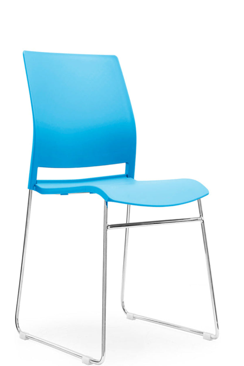 A blue multipurpose stacking chair with a chromed metal frame and 'crosshatch' back detail.