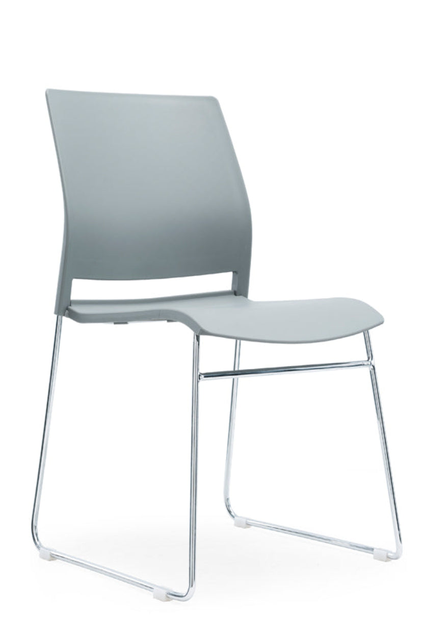 A gray 'Value Verse' multipurpose stacking chair with a chrome metal frame and plastic seat and backrest.