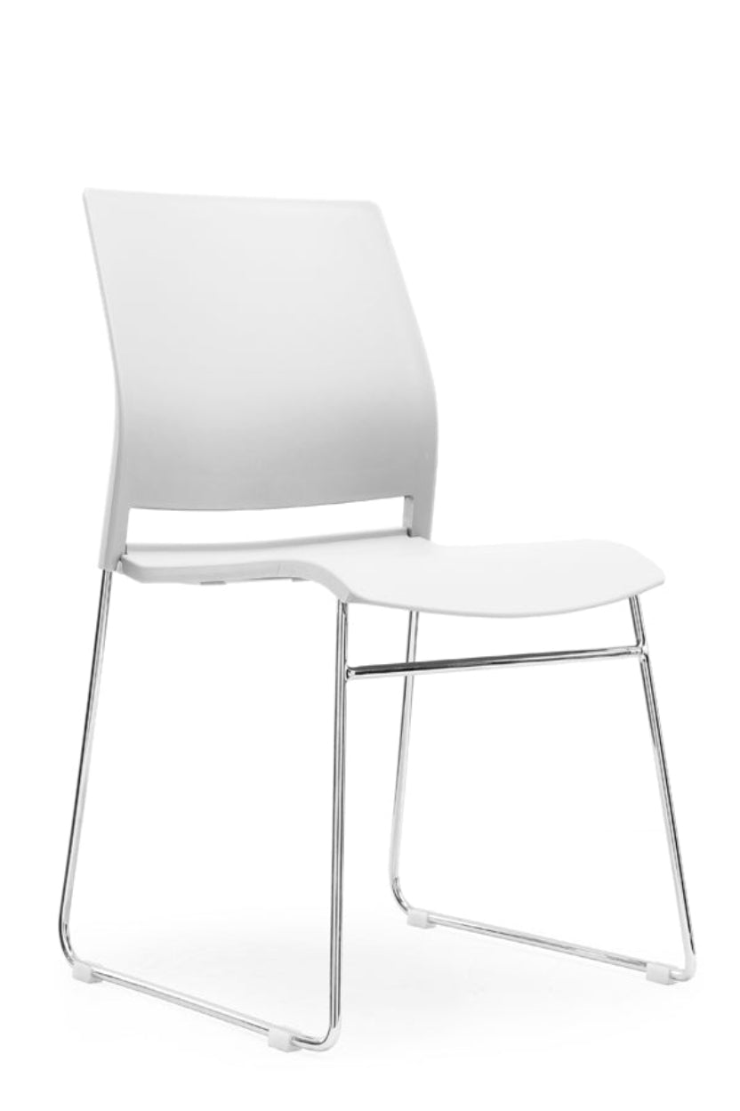 A white multipurpose stacking chair with a chrome metal frame and skid base, featuring a 'crosshatch' back detail.