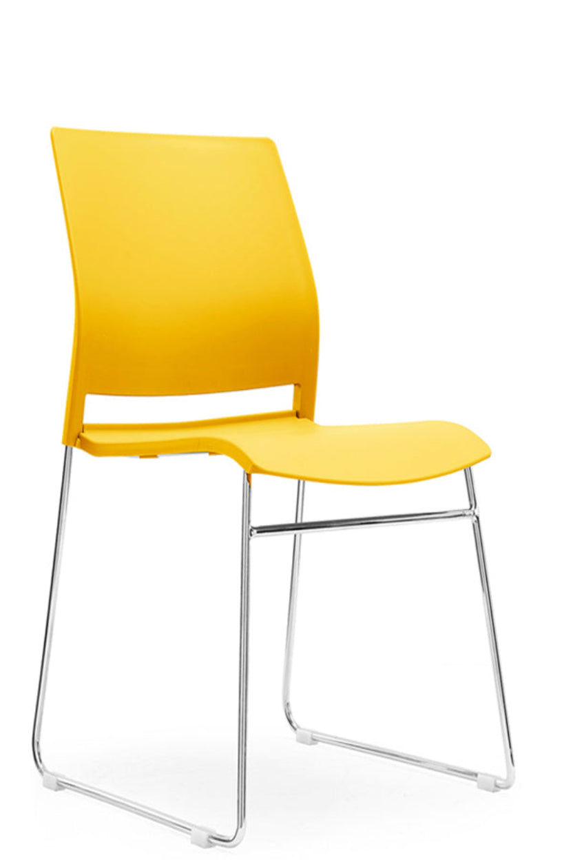A yellow stacking chair with a 'crosshatch' back detail and a chromed metal skid base frame.