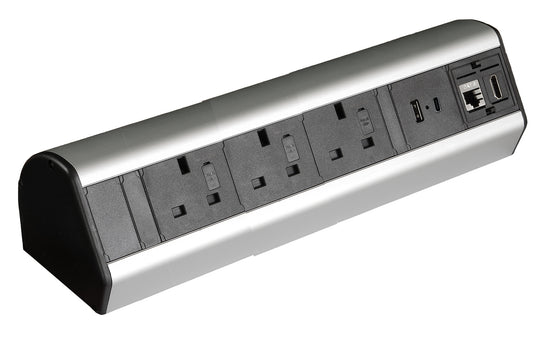 PBlock Plus Desk Power Unit,  3-Fused Sockets, USB A+C, RJ45, HDMI