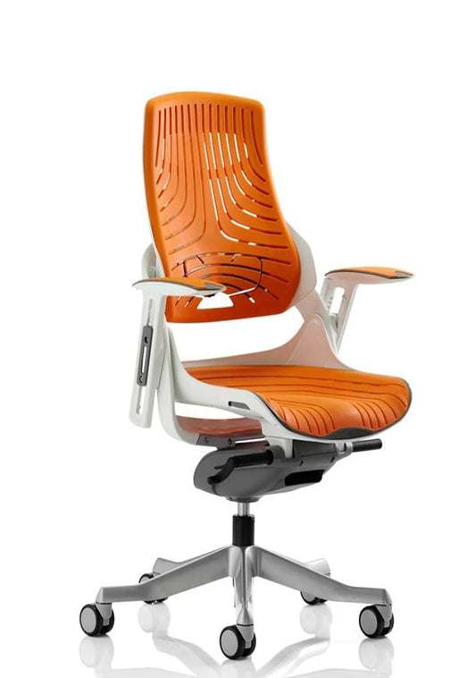 Zure High Back White Shell Executive Chair, Height Adjustable Arms Orange