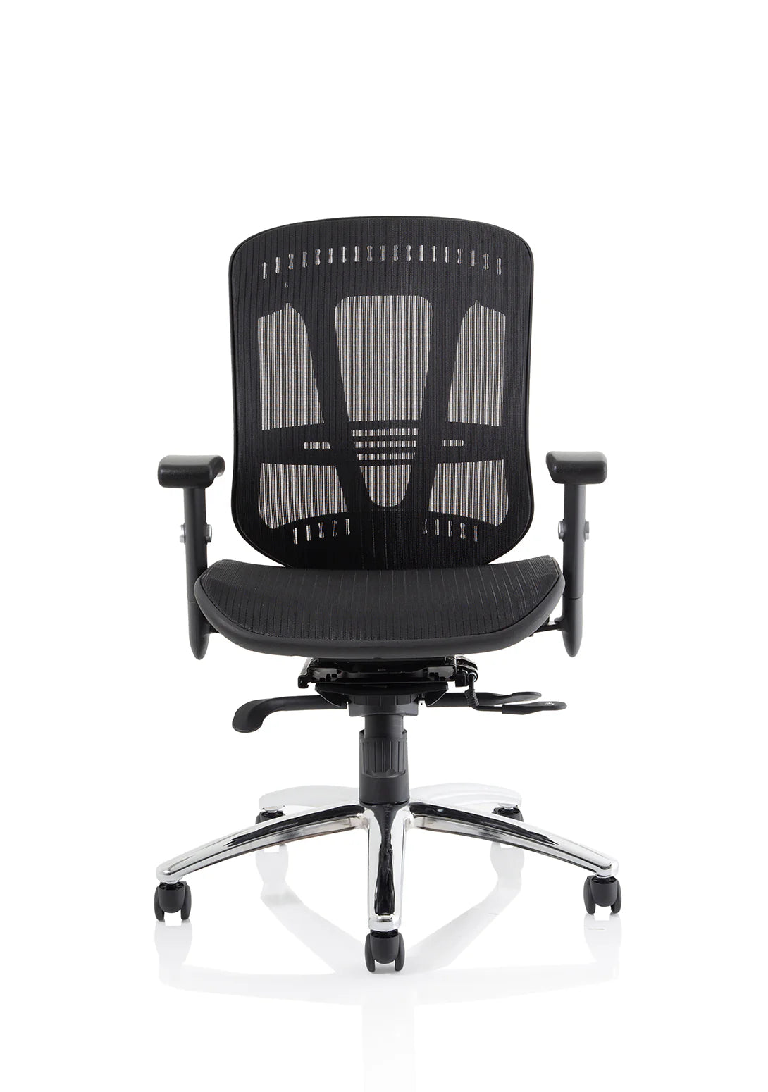 Black office chair with mesh back on a white background