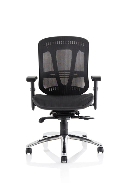 Black office chair with mesh back on a white background