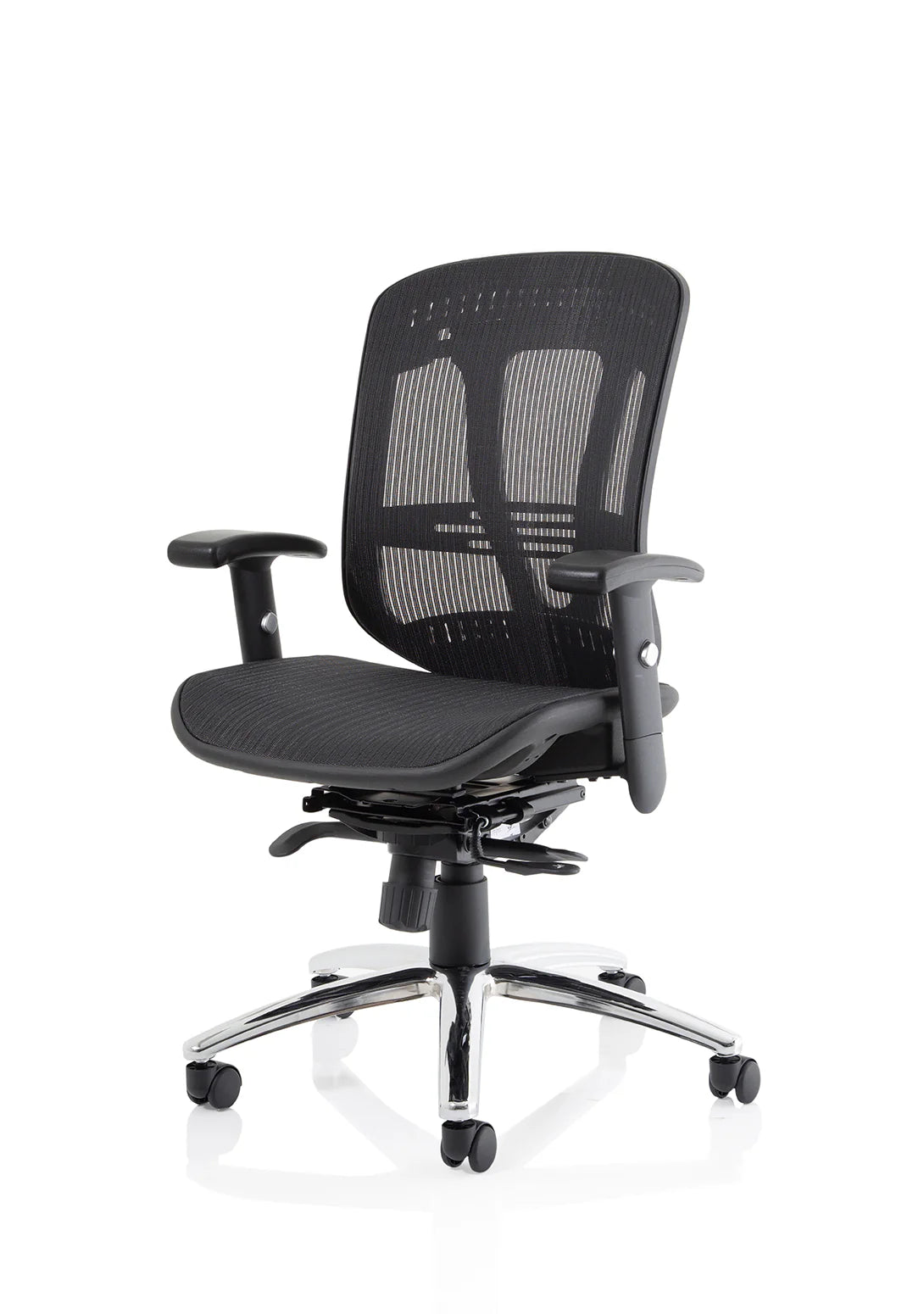 Black office chair with mesh back on a white background