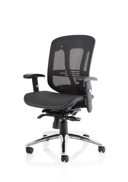 Black office chair with mesh back on a white background