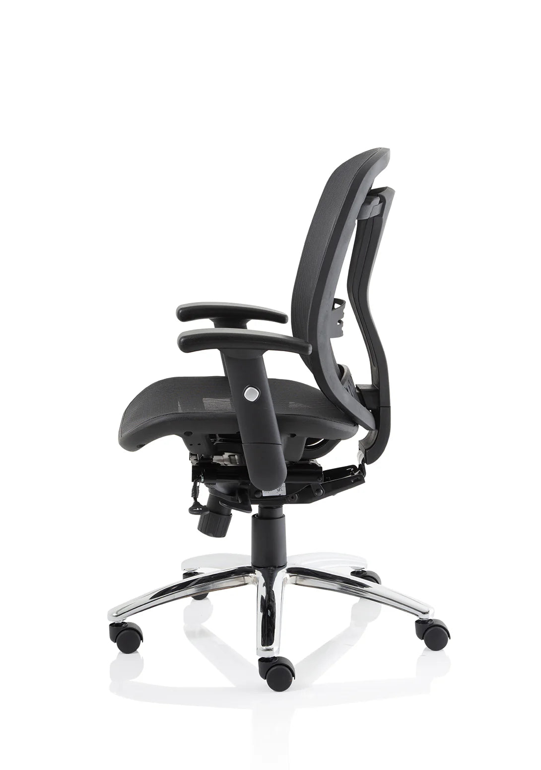 Black office chair with mesh back on a white background