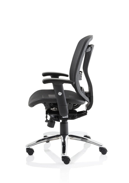 Black office chair with mesh back on a white background