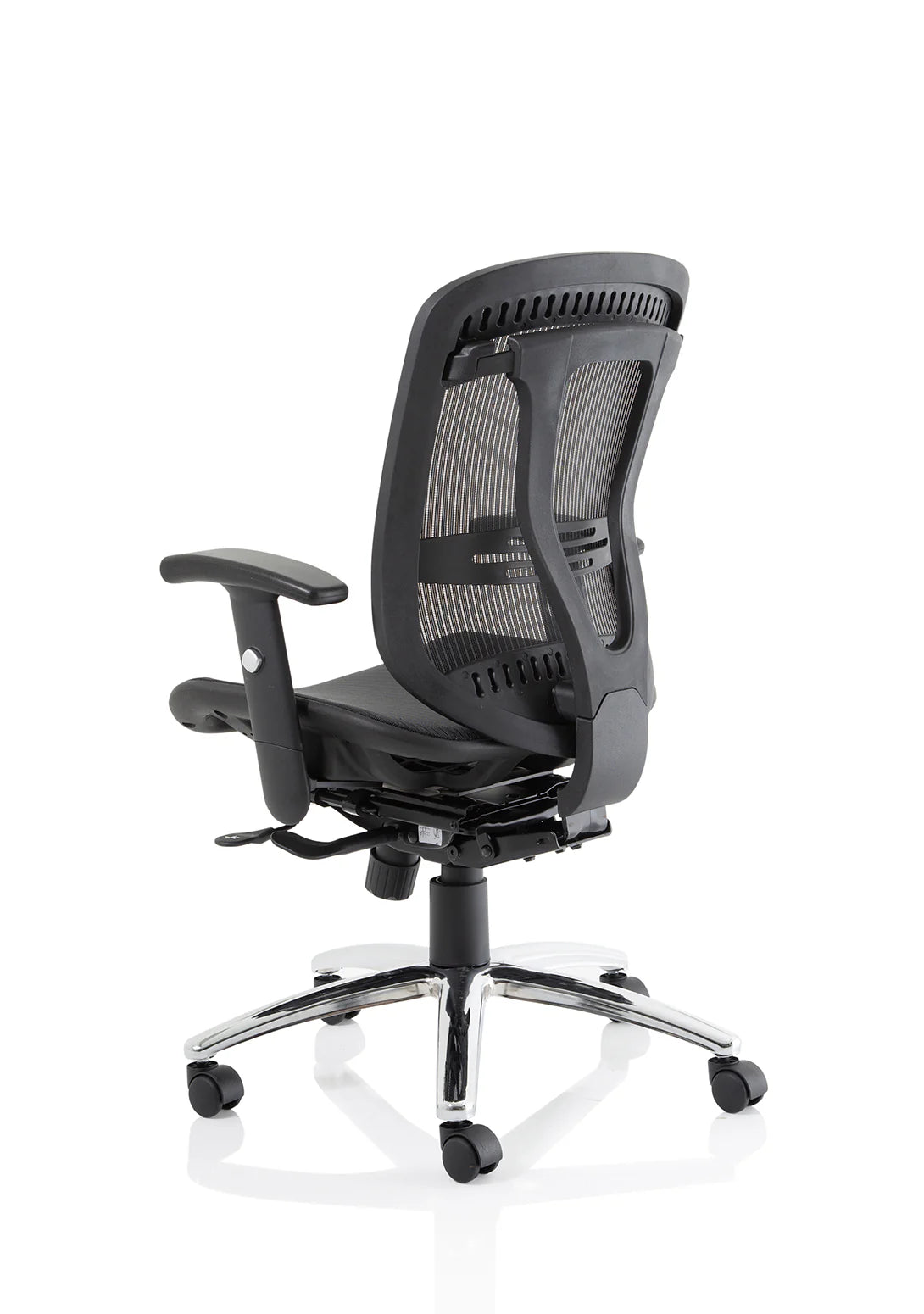 Black office chair with mesh back on a white background