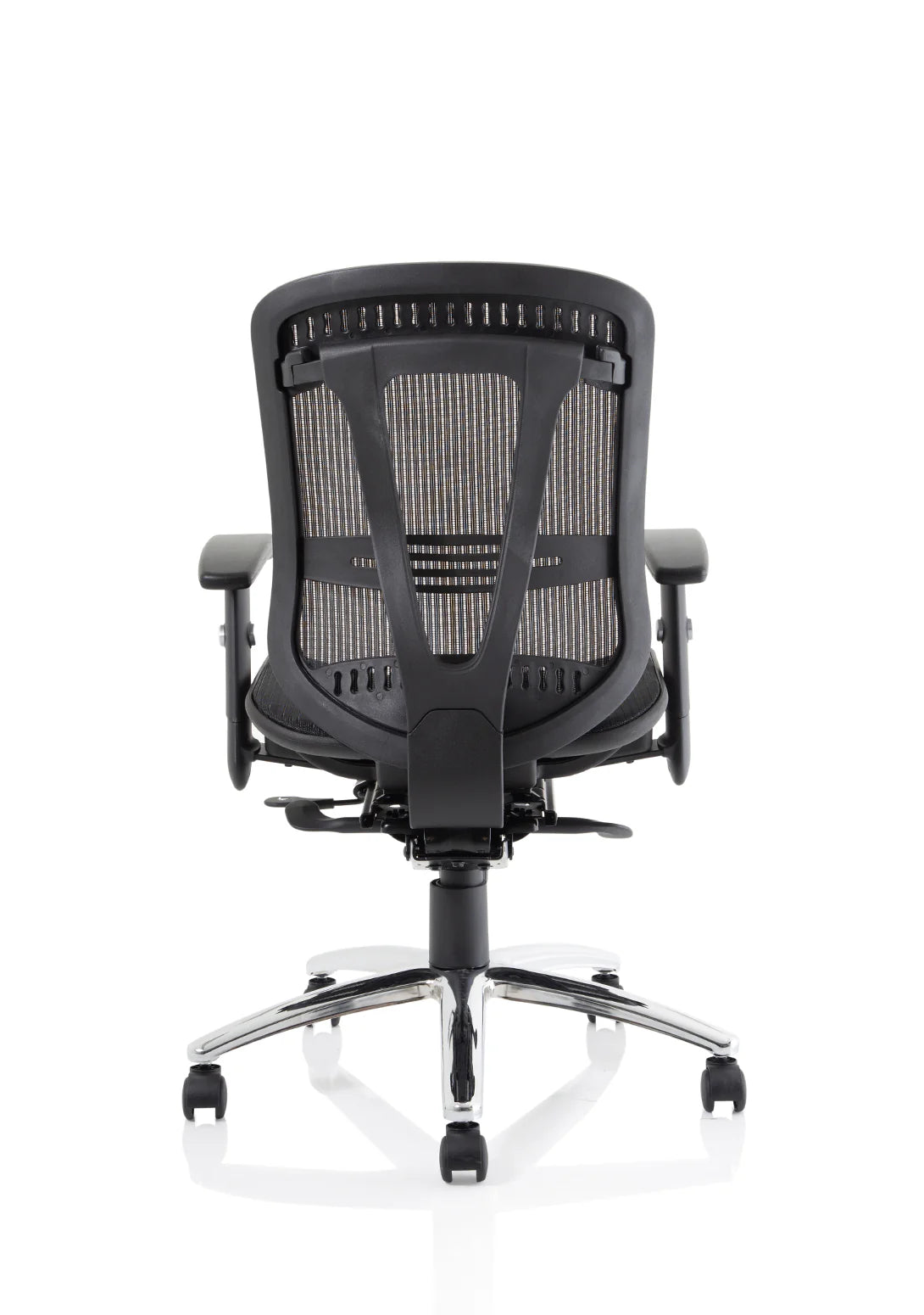 Black office chair with mesh back on a white background