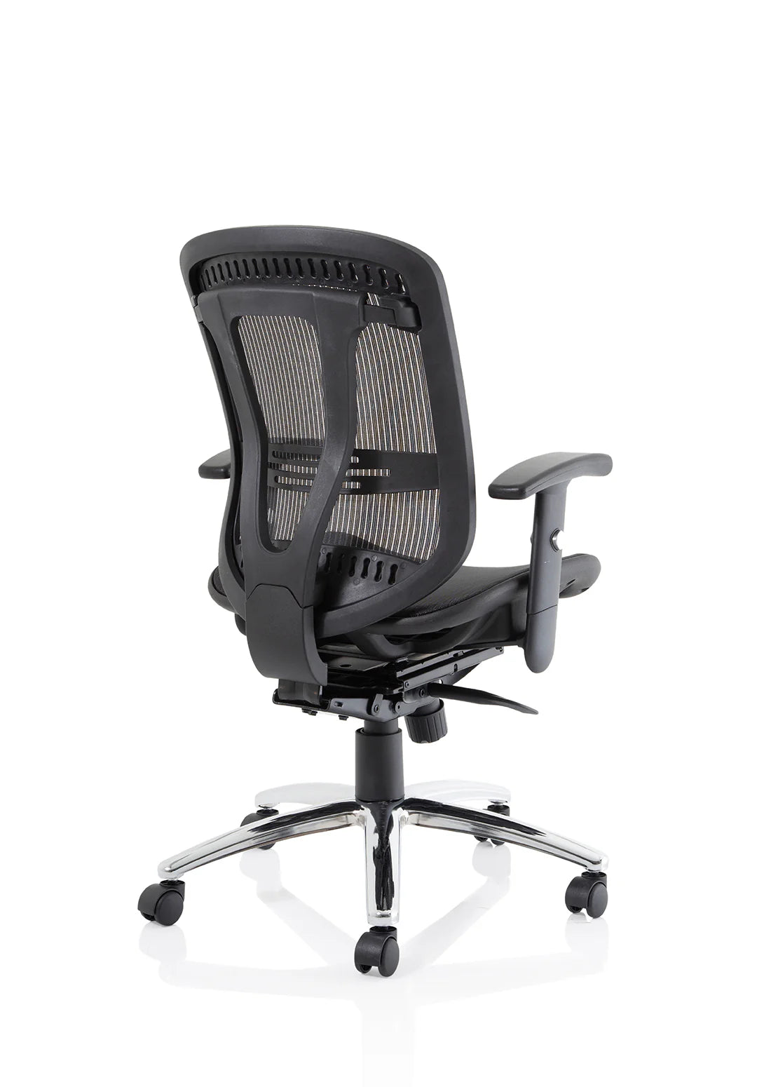Black office chair with mesh back on a white background