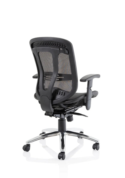 Black office chair with mesh back on a white background