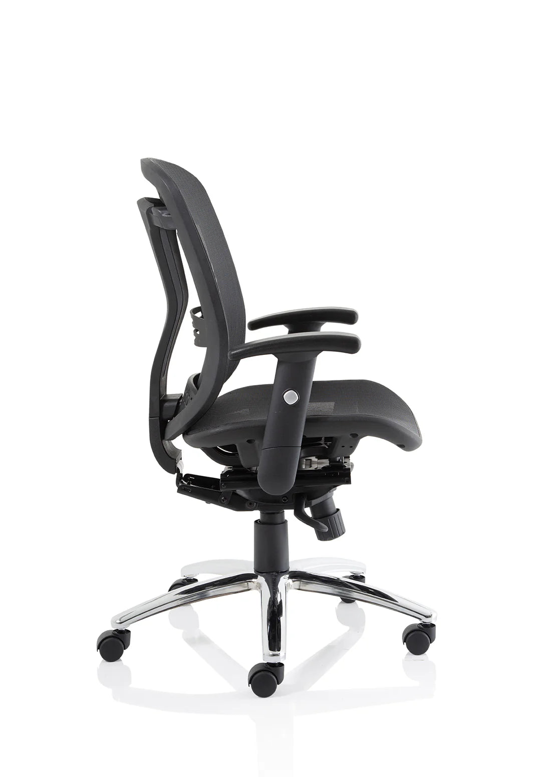 Black office chair with mesh back on a white background