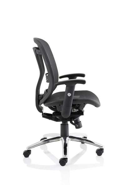 Black office chair with mesh back on a white background
