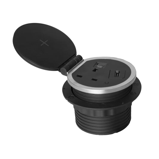 ChargePad 8cm Grommet Power Unit, 5A-fused Socket, USB A+C, Wireless Charger, HDMI, 1.6m Cable