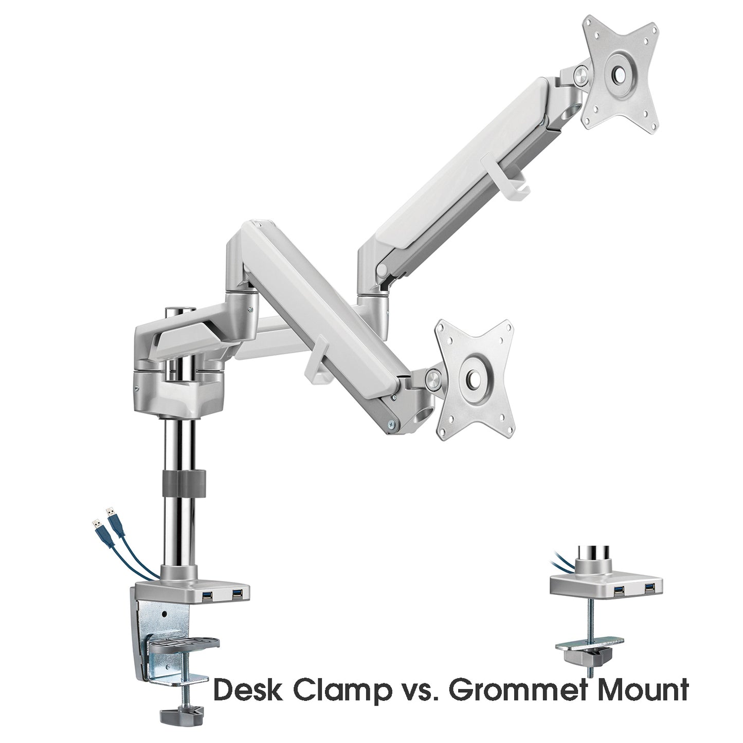 Novara Plus Gas Spring Double Monitor Arm with USB Port Silver