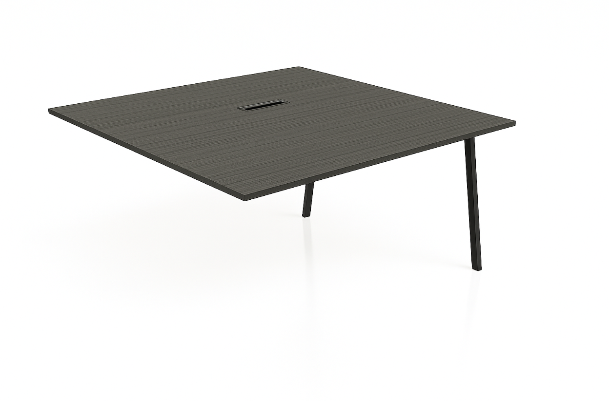 Square graphite table with white legs on a white background