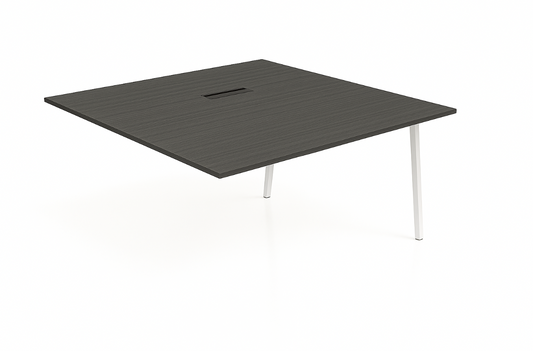 Square graphite table with white legs on a white background