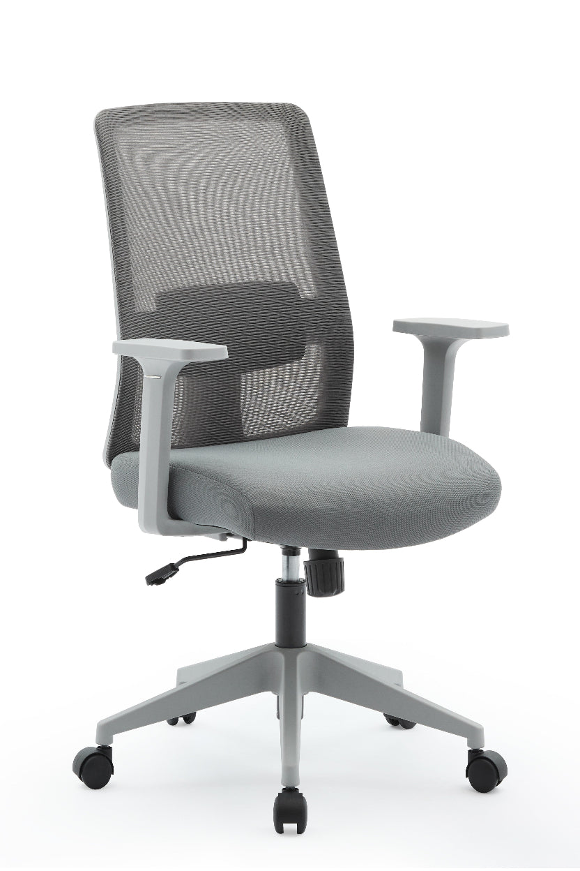 Gray office chair with mesh back on a white background