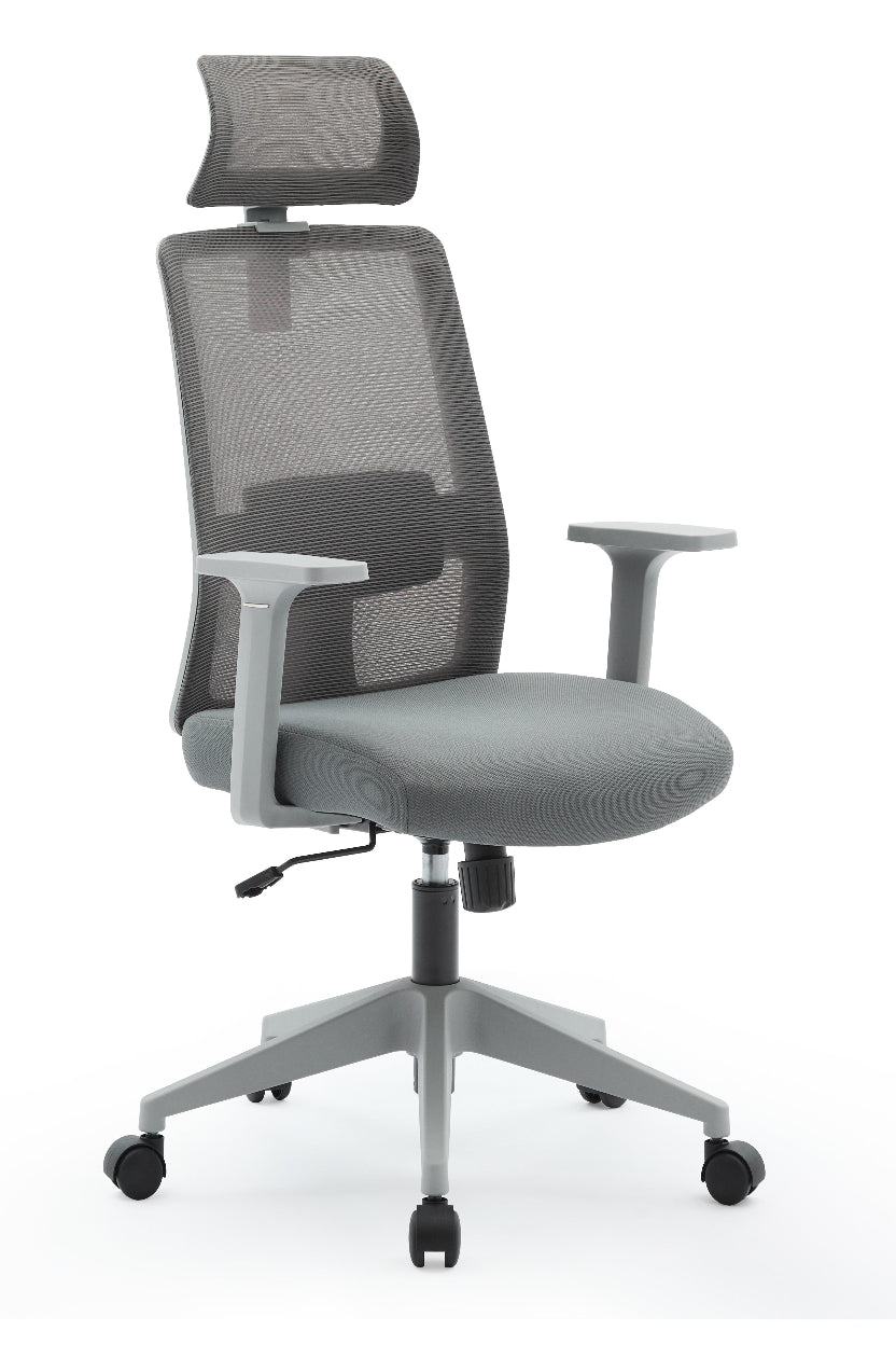 Gray office chair with mesh back and adjustable armrests on a white background