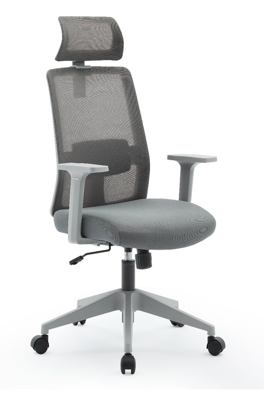 Gray office chair with mesh back and adjustable armrests on a white background