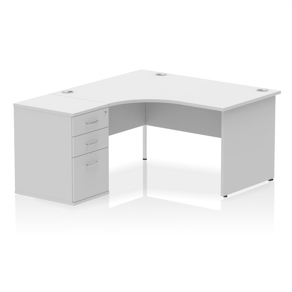 Impulse 1400mm Left Hand Curved Desk, White Top with Wooden Panel Legs inc 3 Drawer Desk High Pedestal
