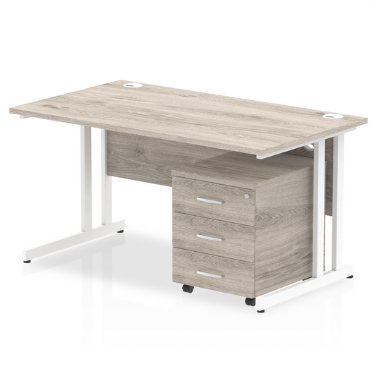 Impulse 1400x800mm Straight Desk, Grey Oak Top with White Cantilever Legs inc 3 Drawer Mobile Pedestal