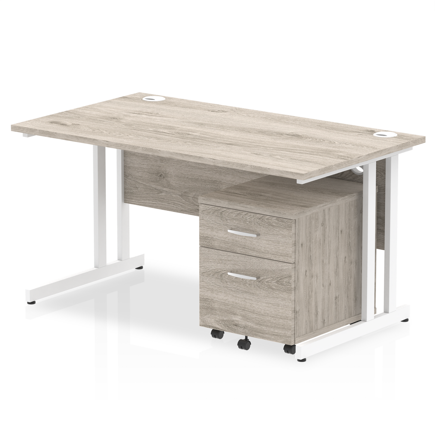 Grey oak straight desk with drawers on a white background