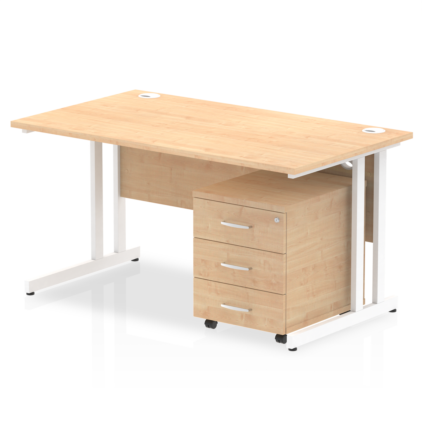Maple straight desk with drawers on a white background