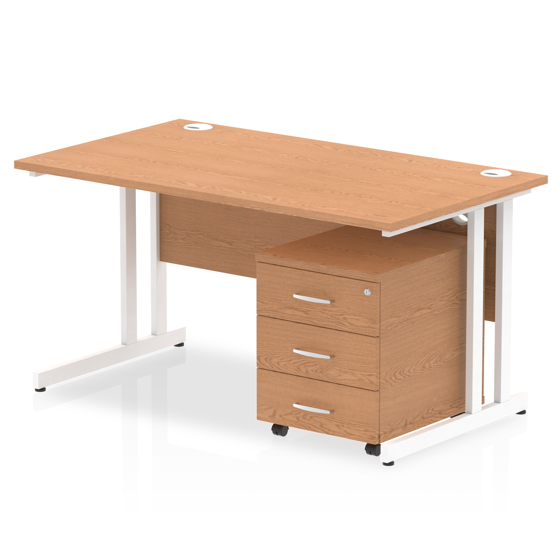 Oak straight desk with drawers on a white background