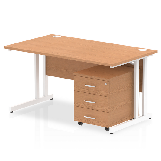 Impulse 1400x800mm Straight Desk, Oak Top with White Cantilever Legs inc 3 Drawer Mobile Pedestal