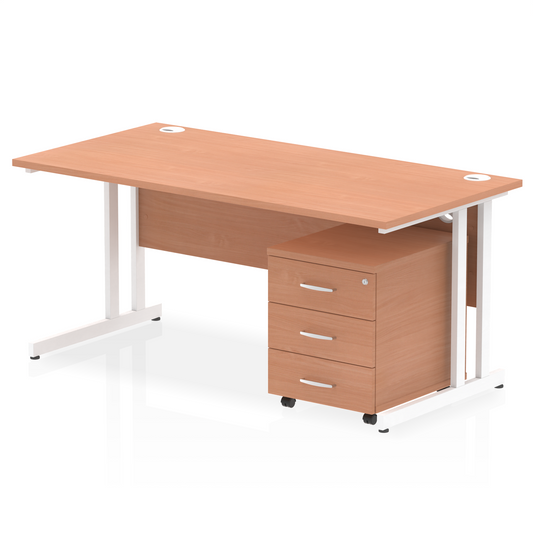 Impulse 1600x800mm Straight Desk, Beech Top with White Cantilever Legs inc 3 Drawer Mobile Pedestal