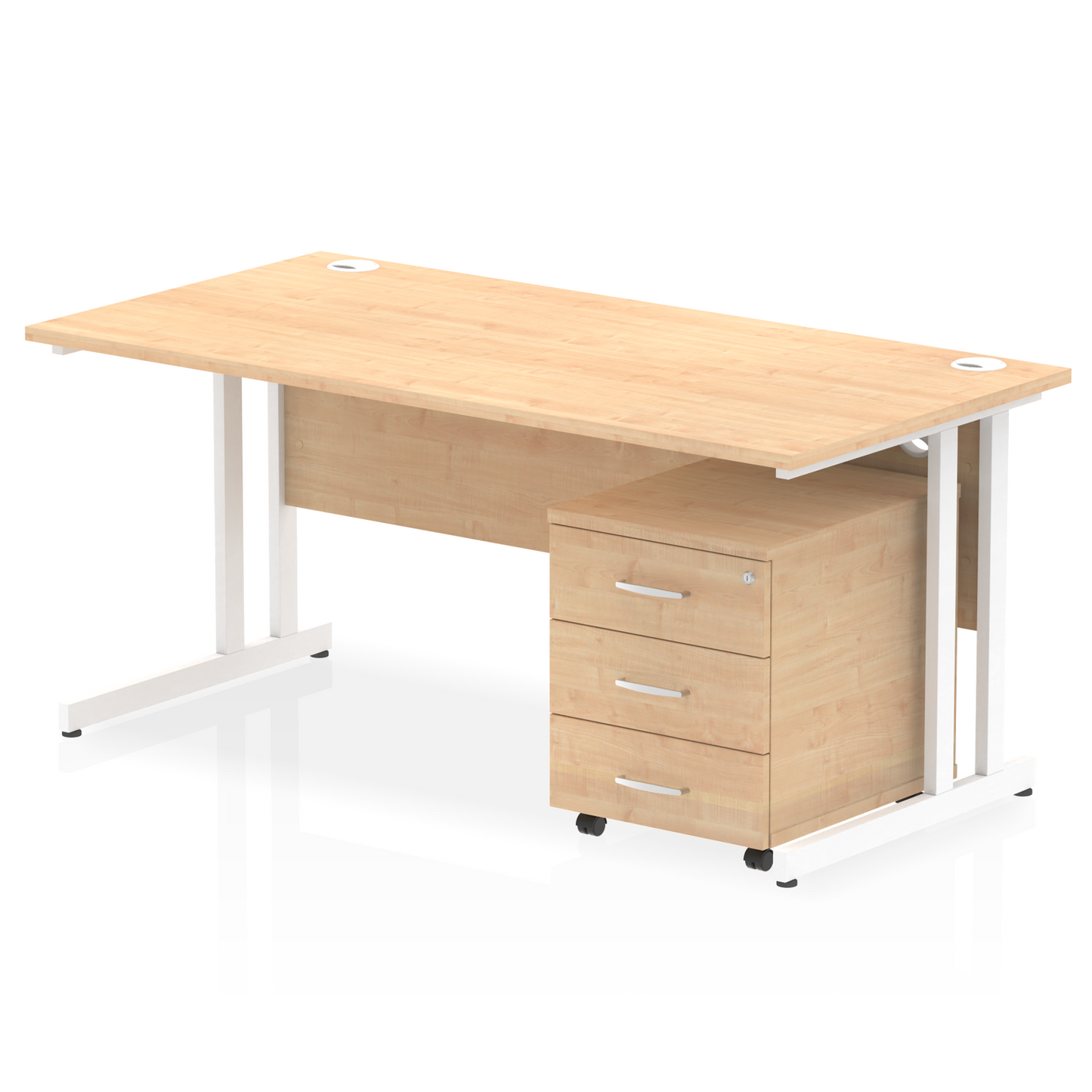 Maple straight desk with drawers on a white background