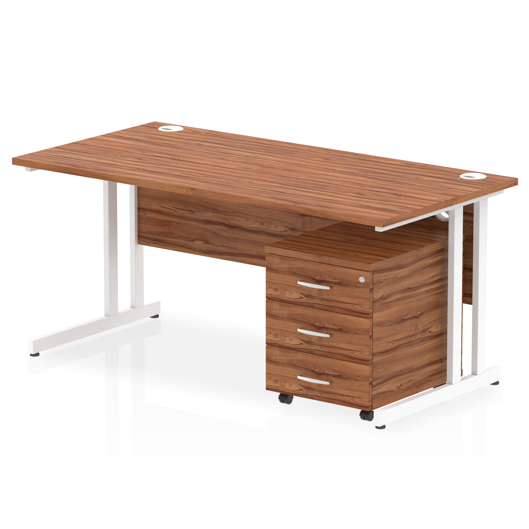 Walnut straight desk with drawers on a white background