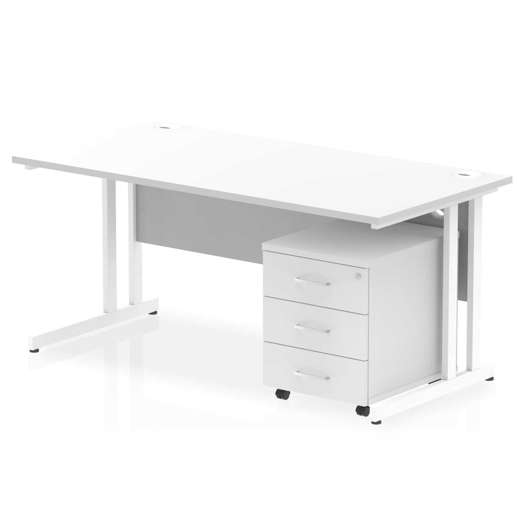 White straight desk with drawers on a white background