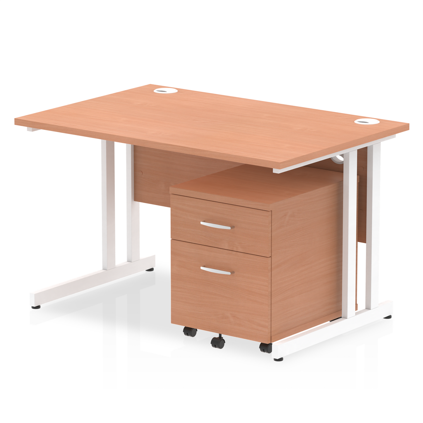 Beech straight desk with drawers on a white background