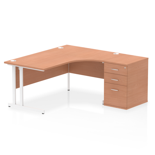 Impulse 1600mm Right Hand Curved Desk, Beech Top with White Cantilver Legs inc 3 Drawer Desk High Pedestal