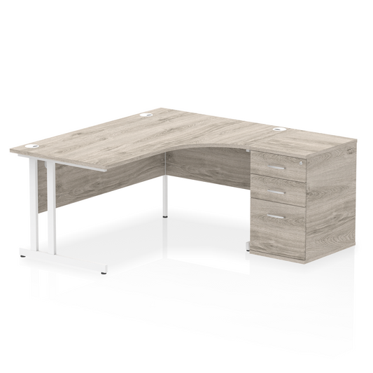 Impulse 1600mm Right Hand Curved Desk, Grey Oak Top with White Cantilver Legs inc 3 Drawer Desk High Pedestal