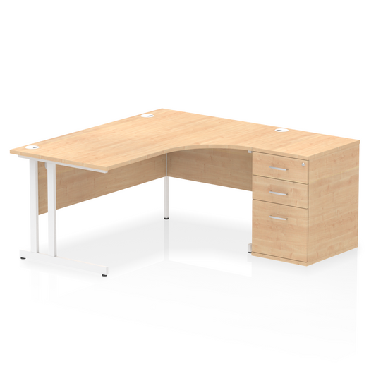 Impulse 1600mm Right Hand Curved Desk, Maple Top with White Cantilver Legs inc 3 Drawer Desk, High Pedestal