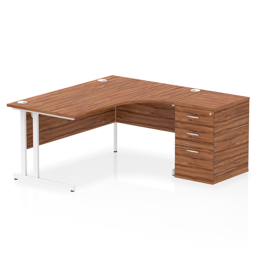Impulse 1600mm Right Hand Curved Desk, Walnut Top with White Cantilver Legs inc 3 Drawer Desk High Pedestal