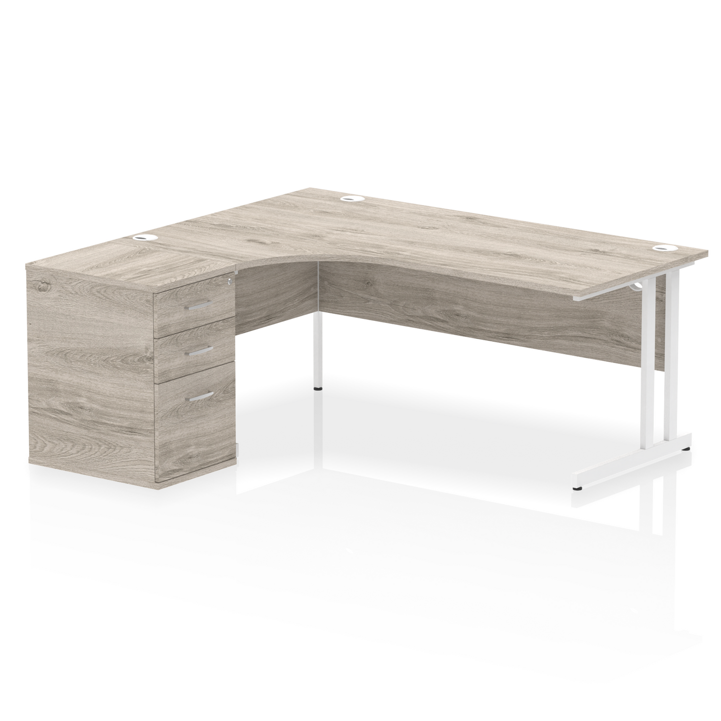 Impulse 1800mm Left Hand Curved Desk, Grey Oak Top with White Cantilver Legs inc 3 Drawer Desk High Pedestal