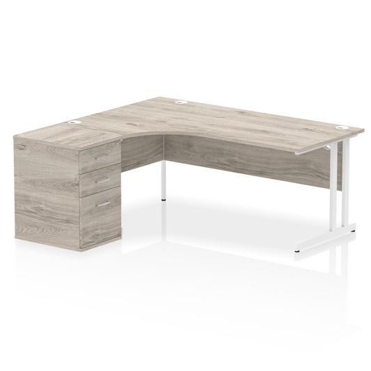 Impulse 1800mm Left Hand Curved Desk, Grey Oak Top with White Cantilver Legs inc 3 Drawer Desk High Pedestal