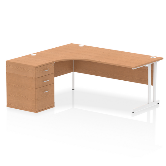 Impulse 1800mm Left Hand Curved Desk, Oak Top with White Cantilver Legs inc 3 Drawer Desk High Pedestal