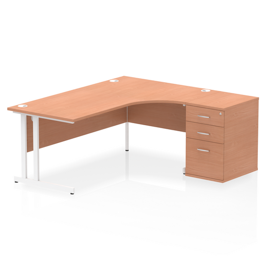 Impulse 1800mm Right Hand Curved Desk, Beech Top with White Cantilver Legs inc 3 Drawer Desk High Pedestal