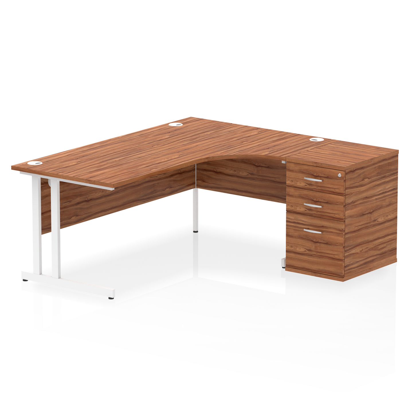 Walnut L-shaped desk with drawers on a white background