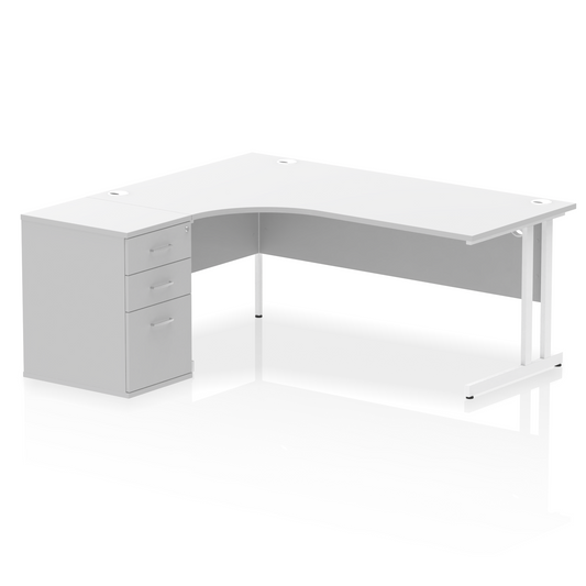 Impulse 1800mm Left Hand Curved Desk, White Top with White Cantilver Legs inc 3 Drawer Desk High Pedestal