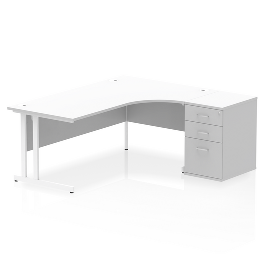 Impulse 1800mm Right Hand Curved Desk, White Top with White Cantilever Legs inc 3 Drawer Desk High Pedestal